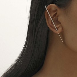 Aneneiceera Boho Crystal Rod Ear Pin Earrings, CZ Edgy Pin Hook Cuff Earrings, Long Ear Cuff Wrap Earrings, Geometric Crawler Hook Earrings, Jewelry for Women, Zinc