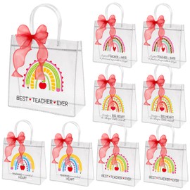 H1vojoxo Teacher's Day Gift Bags - 24PCS Teacher Appreciation Gift Clear Bags with Red DIY Ribbon 7.87x3.2x7.87 Inch Clear PVC Tote Bag with Handles Reusable PVC Thank You Gift Wrap Bag for Teachers