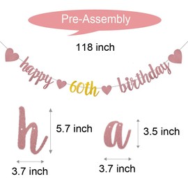 WEIANDBO Happy 60th Birthday RoseGold Shiny Glitter Banner,Pre-Strung,60th Birthday Party Decorations Bunting,Happy 60TH birthday,RoseGold