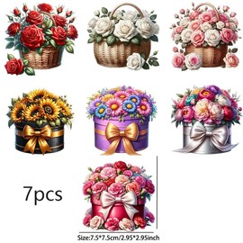 7pcs Vibrant Floral Basket & Mug Stickers Set UV DTF Cup Wraps Winter UV DTF Sticker for Glass Cups Furniture Craft DIY Crafts，Rub on Transfer Stickers for DIY Water Bottle Laptop Decal Wood Car