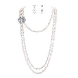 EVER FAITH Crystal Simulated Pearl 1920s Gatsby Banquet Wedding Multilayer Flower Knot Long Necklace Earrings Set for Women