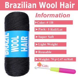 COOKOO 5 Roll Natural Black Brazilian Wool Hair Acrylic Yarn for African Crochet Hair Jumbo Braids Senegalese Twisting Knitting Hair Braids Faux locs Spiral Corkscrews Braids Twist Wraps 70G/Roll(1B#)