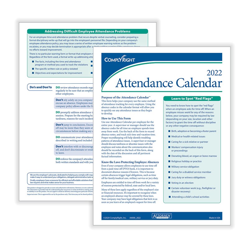 ComplyRight 2022 Attendance Tracking Kit (A0030, A1411W16PK25 & J1712)
