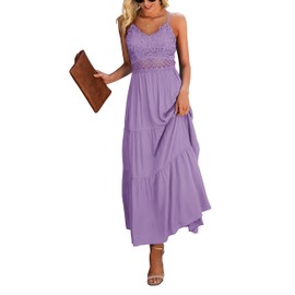 Dokuritu Women's Bridesmaid Dresses Beach Crochet Lace Maxi Dress Solid Color Wedding Guest Vacation Summer Spaghetti Strap Long Dress 2025(Purple, M)