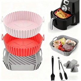 Air Fryer Silicona 7Pcs Kit,Bandeja para Hornear Reutilizable,3Pcs Cuadrado,Brocha de Silicon,Dos pares Guantes y Pinzas,para Cocina, Microondas,Freidora de aire, Baking
