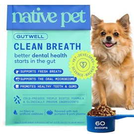 Native Pet GutWell Clean Breath - Dog Breath Freshener & Dog Teeth Cleaning Powder Cold-Pressed to Reduce Plaque, Tartar & Promote Oral Health with Triple-Biotic Blend, Brown Algae & Zinc - 60 Scoops