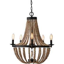 Francis Millar Rustic Five Light Matte Black And Accented Natural Wood Bead Strings Ceiling Flush Mount Chandelier with Candlestick Light Bulbs ~ Turn Heads Upward with This Glamourous Piece Statement