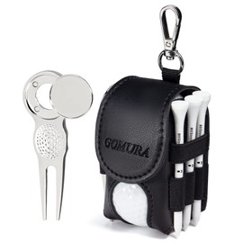Gomura Golf Ball Case [2 Pack] Golf Ball Pouch with Green Fork and Ball Marker with Golf Tee PU Leather, black, Middle Ages