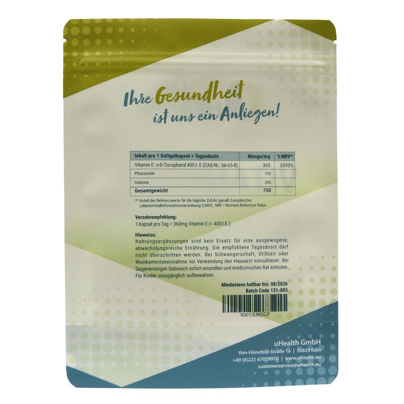 uHealth Vitamin E 400 IU - 180 Softgel Capsules Each