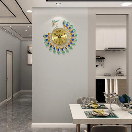 FLEBLE Large Wall Clocks for Living Room Decor Gold Decoration Wall Clock Silent Battery Operated Non Ticking for Bedroom Kitchen 14 Inch Retro Peacock Crystal Wall Watch Quartz for Home Office Indoor