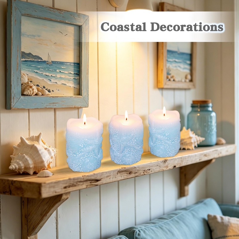Immeiscent Coastal Starfish Seashell Pillar Candles Set of 3 Light