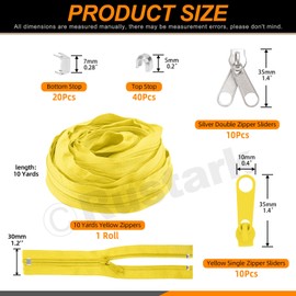 Rustark 1 Roll 10 Yard #5 Yellow Nylon Zipper Tape Assortment Kit, Zippers for Sewing Nylon Coil Zipper Tape Zipper Strip Roll with Zipper Sliders Zipper Pull and Zipper Stops for Sewing DIY Craft