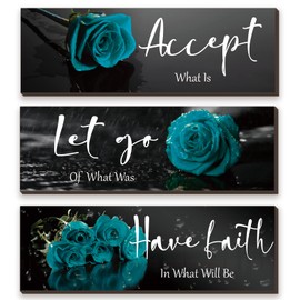 3 Pcs Teal wall decor Inspirational Teal Bathroom Decor Wooden Teal Rose Wall Art Turquoise Office Wall Decor with Accept Let Go Have Faith Quotes for Girl Women Bathroom Bedroom(Teal Rose12 x 4 Inch)