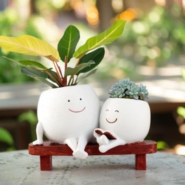 Meltset Cute Face Planter Pot - Funny Double Head Planter Sitting on Bench, Smiley Succulent Pot with Drainage Indoor and Outdoor, Unique Gift for Plant Lovers(White)