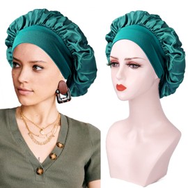 2 Pieces Hair Cap, Satin Night Cap Silk Night Cap Satin Night Cap for Women (Black+Cyan)
