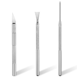 3 Pcs Pottery Carving Tools Stainless Steel Clay Needle Tools Includes Texture Needle, Wire Feather Texture Tool, Carving Knife for Ceramic Polymer Clay Sculpting Pottery Texturing Modeling