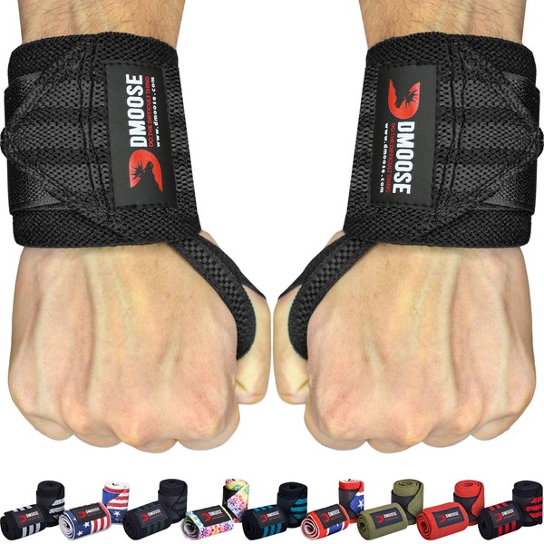 DMoose Wrist Wraps (18" & 12" Premium Quality) for Weightlifting, Powerlifting, Strength Training, Benching, Bodybuilding & Crossfit, Thumb Loops with Adjustable Straps, Wrist Support for Men & Women