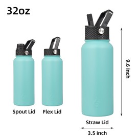 BJPKPK Insulated Water Bottles with Straw Lid, 32oz Metal Large Water Bottle with 3 Lids, Reusable Leak Proof BPA Free Thermo, Stainless Steel Tumblers for Sports, Gym, Travel-Turquoise