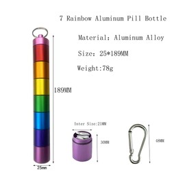 7 Days Rainbow Colour Aluminum Pill Bottle with Carabiner ，Stackable Metal Pill Container，Waterproof Travel Cute Pill Box Holder (1 Rainbow Pill Bottle and 1 Silver Pill Bottle)