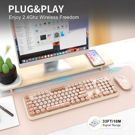 Wireless Keyboard and Mouse Combo, 2.4GHz Colorful Cute Round Keycaps Keyboard for Office Computer PC Desktops Laptop (104 Keys Ice Cream)