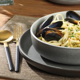 Gibson Soho Lounge Pasco 16 Piece (Service for 4) Plates and Bowls Double Bowl Reactive Glaze Dishes Stoneware Ceramic Dinnerware Set - Grey