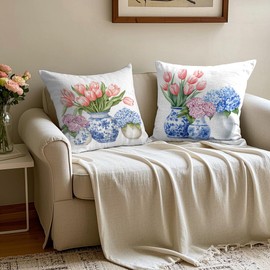 UZFNY Set of 2 Linen Decorative Pillow Covers, 18x18 Inches, Vintage Blue and White Porcelain Vase with Floral Design, Cushion Covers for Sofa, Living Room, Bedroom, Home Décor