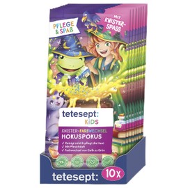 tetesept Kids Crinkle Colour Changing Hocus Pocus - 10 x 45 g - Nourishing Bath Additive with Fruity Peach Fragrance for Children - Crinkle Bath with Magic Colour Changing