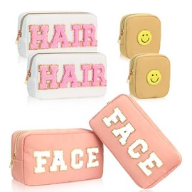 6 Pieces Nylon Chenille Letter Makeup Bag Preppy Patch Cosmetic Bag Letter Face Hair Toiletry Pouches Mini Cute Square Makeup Bag with Zipper Preppy Pouch with Chenille Pattern for Women Girls, pink