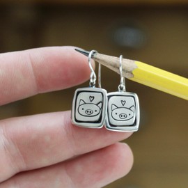 Mark Poulin Sterling Silver Pig Charm Dangle Earrings - Pig Jewelry - Pig Gift for Her