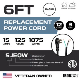 Iron Forge Cable Coiled Replacement Extension Cord 6 ft - 12 Gauge 15 Amp Heavy Duty Power Extension Cords - SJEOW Oil Resistant & Flat Plug Cord Replacement 3 Prong Retracting Coil Cord - Black
