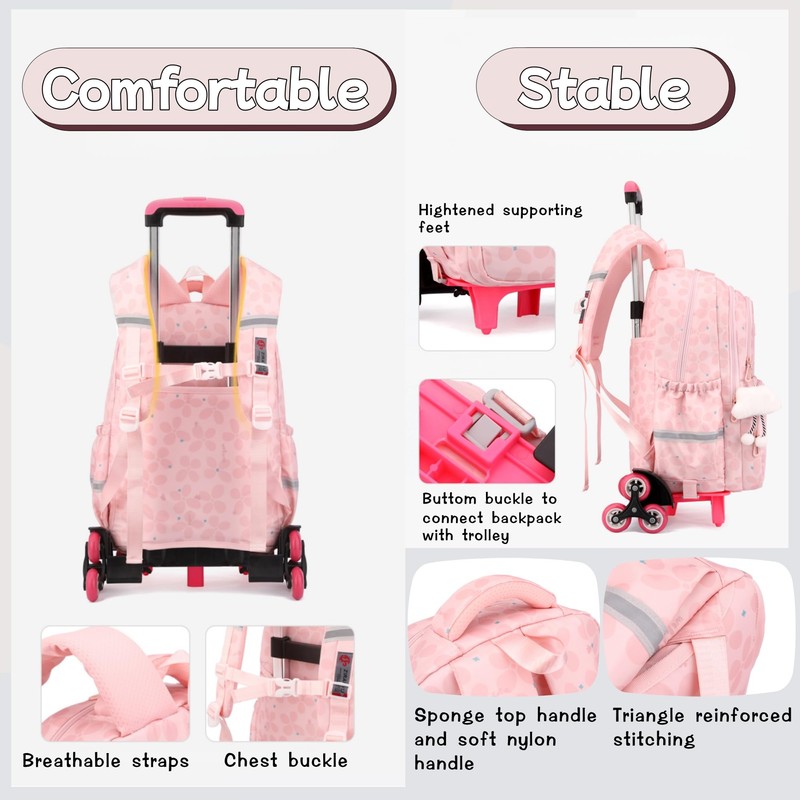 Bansusu 3Pcs Kids Rolling Backpack for Girls with Lunch Bag,