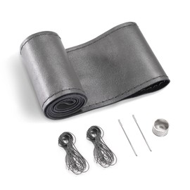 SEG Direct Genuine Leather Steering Wheel Cover, Stitch On Wrap, 15 Inch Steering Wheel Wrap for Car Truck SUV Pickup Boat, DIY Sewing with Needle Thread, Gray