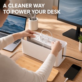 XL Cable Management Box with Wooden Lid, Large Power Strip and Cable Organizer for Desk, Office & Home