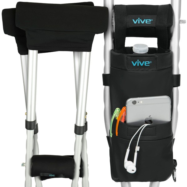 Vive Crutch Pads & Bag (5 PCS) - Crutches for Adults Armpit Padding, Hand Grips, Accessories Pouch - Soft Tips Medical Padded Handles, Universal Accessories for Kids, Men, Women - Lightweight