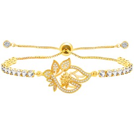 Tobestu Gold Plated Cubic Zirconia Lotus Tennis Bracelet for Women - Stylish Flower Jewelry for Special Occasions As Anniversary or Birthday YA4802