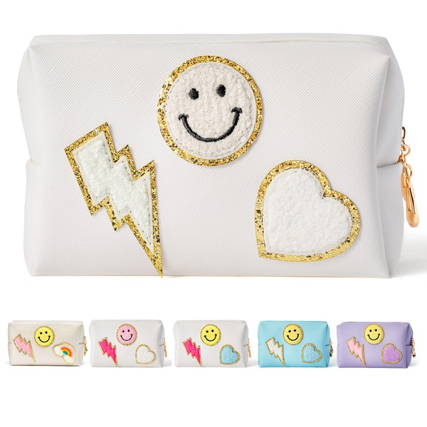 PANTIDE Pure White Preppy Patch Small Cosmetic Bag White Smile Lightning Heart PU Leather Waterproof Toiletry Bag Storage Travel Organiser for Women Girls Birthday Christmas Gift Accessories, White