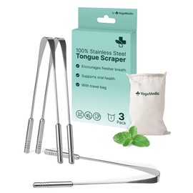 YogaMedic Tongue Scraper for Adults & Kids, 100% Stainless Steel Cleaner - Tongue Cleaners with Travel Case, Personal Care Products, Oral Dental Care, Bad Breath Treatment for Adults, U Shape, 3 Pack