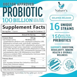 Nature's Physician Probiotics - 100 Billion CFU Per Capsule - 16 Strains + Prebiotics - Best Probiotic Supplement for Women & Men - Supports Immune, D