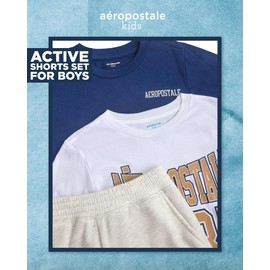 AEROPOSTALE Boys' Active Shorts Set - 3 Piece Performance Jersey Crewneck Graphic Tees and Fleece Shorts Set (Sizes: 8-12), Size 8, Blue Oatmeal