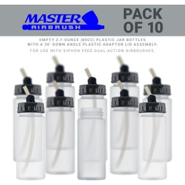 Master Airbrush (Pack of 10 TB-008 Empty 2.7-Ounce (80cc) Plastic Jar Bottles with 30° Down Angle Adaptor Lid Assembly - Fits Dual-Action Siphon Feed Airbrushes, Use with Master, Badger Paasche Iwata