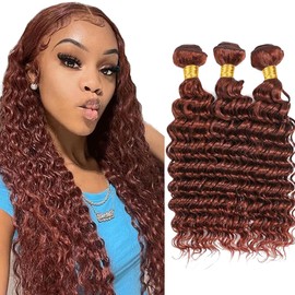 #33 Bundles Human Hair Copper Red Deep Wave Human Hair Bundles Hair Weave 10 12 14 Inch Reddish Brown Deep Curly Bundles Human Hair Auburn Bundles Human Hair