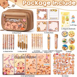 Kid School Supplies for Girls Age 5 6 7 8-12 13 14 Year Old, 36PCS Kawaii Tween Teen Girl Birthday Christmas Gift Cute Capybara Stationery Set w/Pencil Case Gel Pen Pencil Sticker Notebook Sticky Note