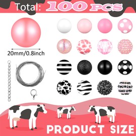 Sasylvia 100 Pcs 20 mm Rhinestone Beads Shine Disco Ball Beads Bubblegum Beads Plastic Chunky Beads Loose Round Spacer Beads for Making DIY Craft Pen Supplies(Cow)