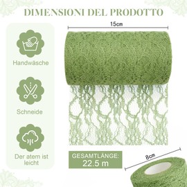 Table Runner Lace Green, 15 cm x 22.5 m Decorative Table Runner Roll Retro Table Runner for Wedding, Christening, Christmas, Decorative Fabric for Table Decoration, Packaging, Crafts & DIY (Eucalyptus