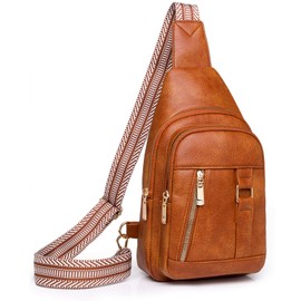 GUIFIER Sling Bag for Women Men, Small Crossbody Bag, PU Over Shoulder Chest Bag Daypack, Fanny Pack Purse Backpack, Sling Belt Bag with Adjustable Strap and Cable Hole for Travel Anti Theft (Brown)