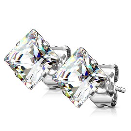 Bungsa Cubic Zirconia Stud Earrings Crystal Round Stainless Steel Princess Cut 1 Pair for Women (Stud Earrings Hoop Earrings Earrings Earrings Ear Clips Women Men Fashion), Stainless Steel, Cubic