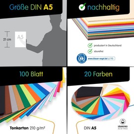 perfect ideaz 100 Sheets Coloured Art Paper, Construction Paper in A5 Size (5.83 x 8.27 in), in 20 Different Solid-Colours, 210 g/m² Quality Sheets