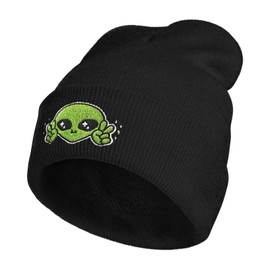 YIEOFH Cute Alien Peace Embroidery Beanie Hat for Men Women Winter Warm Stretch Skull Knit Hats Cap Black