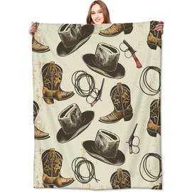 VODRM Western Cowboy Blanket Classic Hats, Boots, and Lasso Throw Blankets,Birthday Gifts for Kids Adult,Lightweight Soft Fleece for Sofa Couch Bed Room Travel Decor 50x60in