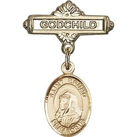 Gold Filled Baby Badge with St. Bruno Charm and Godchild Badge Pin 1 X 5/8 inches